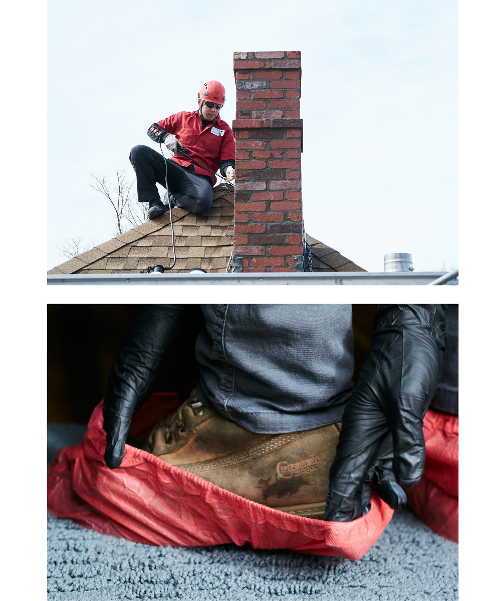 Chimney technician on roof in top image and putting Booties on shoes in bottom image