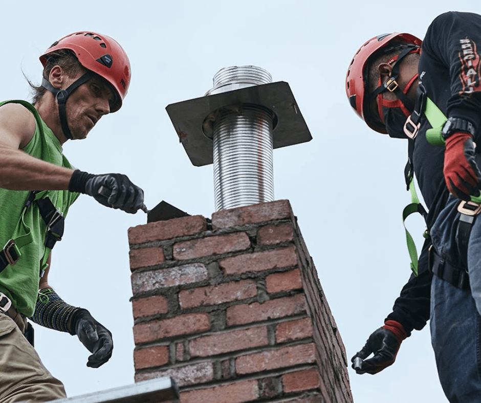 Two technicians laying brick masonry for a chimney repair