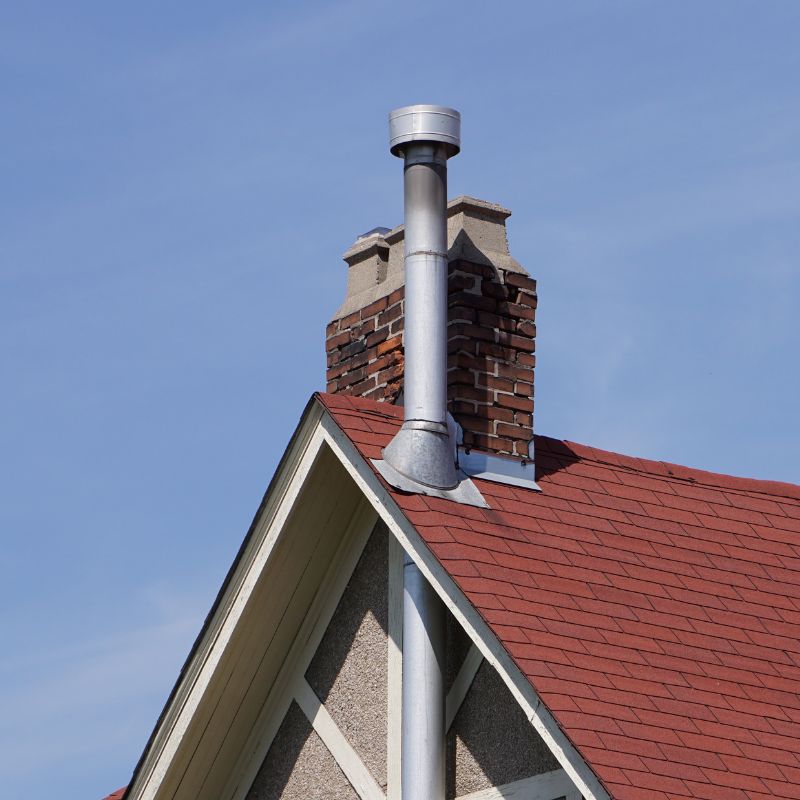 a vent flue pipe and a masonry chimney on a red roof
